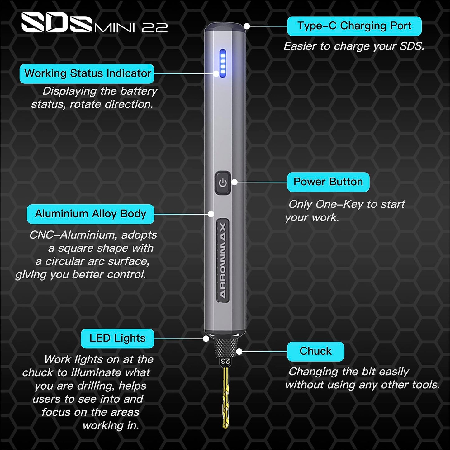 ARROWMAX Mini Electric Drill 13 in 1 with Aluminum Case, Cordless, Rechargeable, 600 RPM, Pin Vise Hand Drill Set, 10 HSS Drill Bits, DIY, Wood, Jewelry Making (SDS MINI 22)