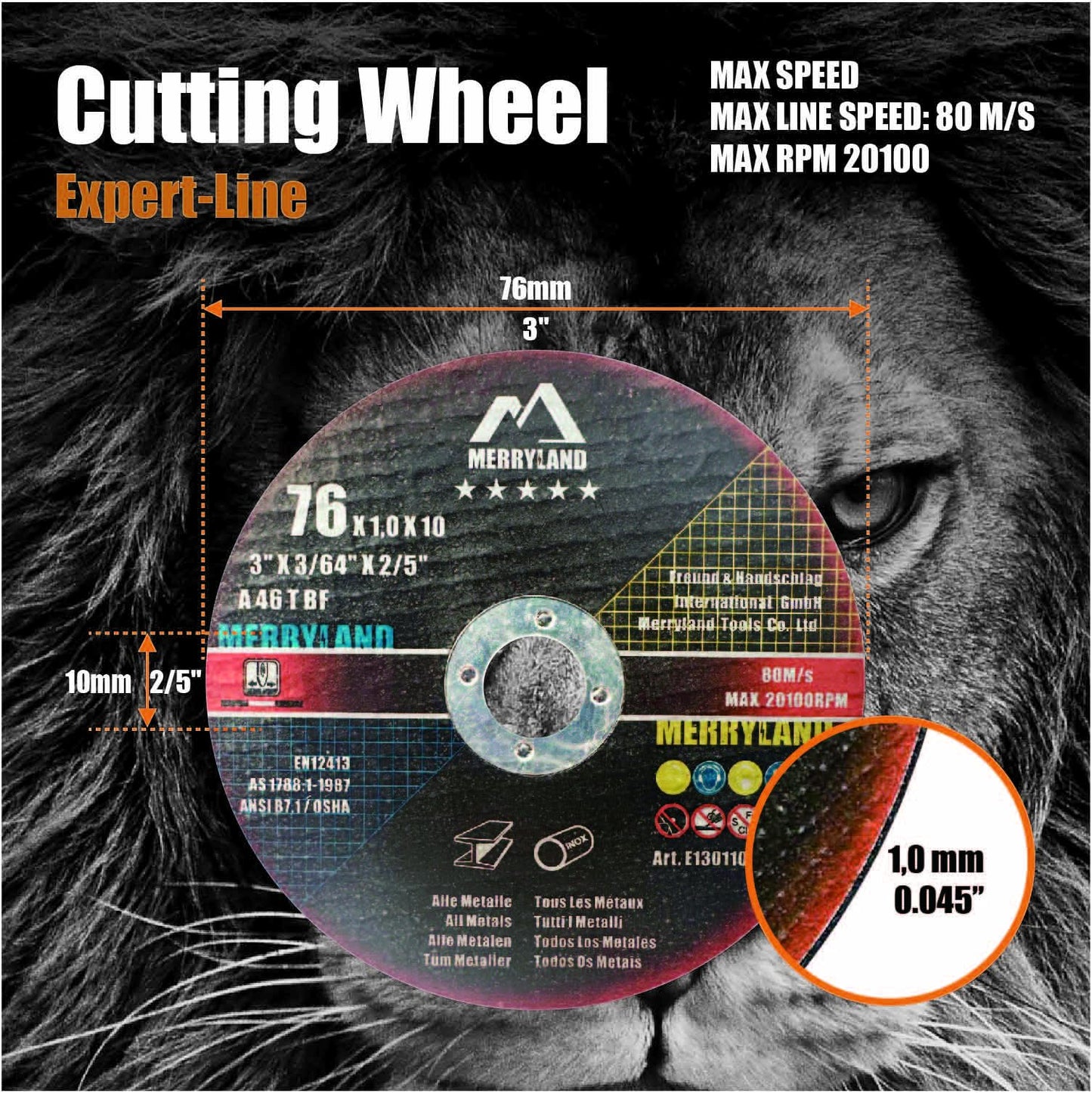 Merryland Cut-off Wheel 76 Metal Stainless Steel for Angle Grinder, 76 X 1.0 mm Thin Flex Wheel Straight 25 Pieces, Expert-Line E13011022-25
