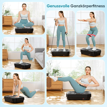 The THERUN vibration plate is a home sports vibrating plate with 1-99 different vibration intensities. It is perfect for muscle building, fat loss, and full body training. Comes with 4 fitness bands in black.