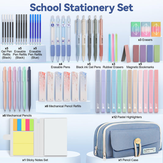 DazSpirit Stationery 61 Piece School Supplies Set with Pencil Case, 12 Pastel Highlighters, 4 Erasable Pens, 5 Gel Pens, 6 Mechanical Pencils, Back To School Stuff, Office Essentials, Writing Set (Blue)