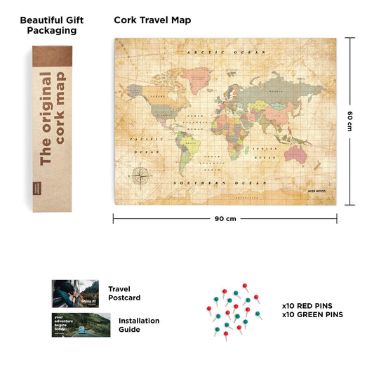 Miss Wood Woody Old School XL Map, Cork, Multicolor, 90 x 60 x 0.4 cm