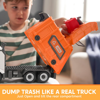 JOYIN Garbage Truck Toy for 3 4 5 6 Year Old Kids Boys and Girls, Trash Truck Toy, Garbage Truck Kids with Trash Bin, Light and Sounds, Screwdriver Toy, for DIY Assembly (orange)