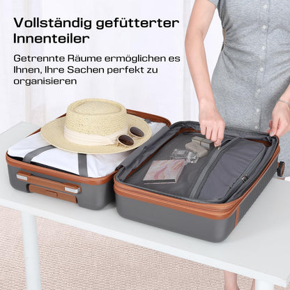 Joyway 5-piece luggage set made of ABS hard shell material. Expandable trolley set with 4 wheels and TSA lock. The luggage set includes 1 travel bag and 1 toiletry bag in grey.