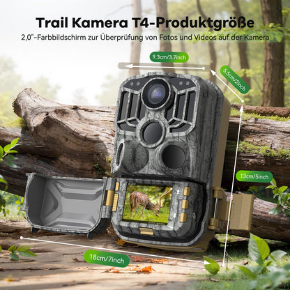 DEATTI trail camera with mobile transmission app, 4K 48MP HD WiFi Bluetooth trail camera with motion sensor night vision, 120° wide angle wildlife camera, IP66 waterproof, 32GB SD card and 8AA batteries.