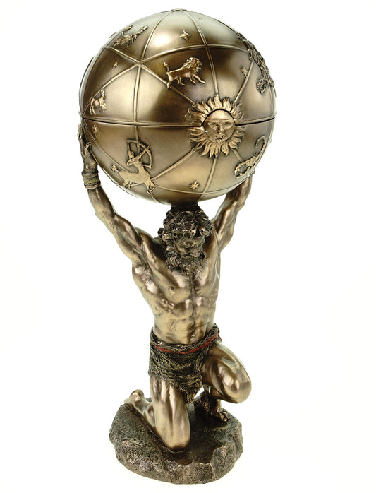 Atlas carries the world on his shoulders, bronze figure sculpture titan.