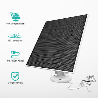 Solar panel for Eufy camera, 5W solar panel compatible with Eufycam 3/3C/2/2 Pro/2C/2C Pro/E/E20/E40/L20/L40. Features 5V output with USB-C connection, micro USB adapter, and IP65 waterproof rating.