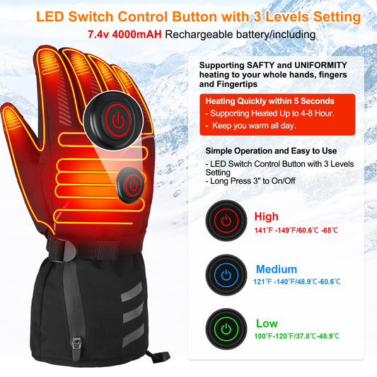 Moteoza Heated Gloves for Men Women with Rechargeable Battery 4000mAh, Waterproof Electric Heated Ski Gloves Motorcycle Gloves