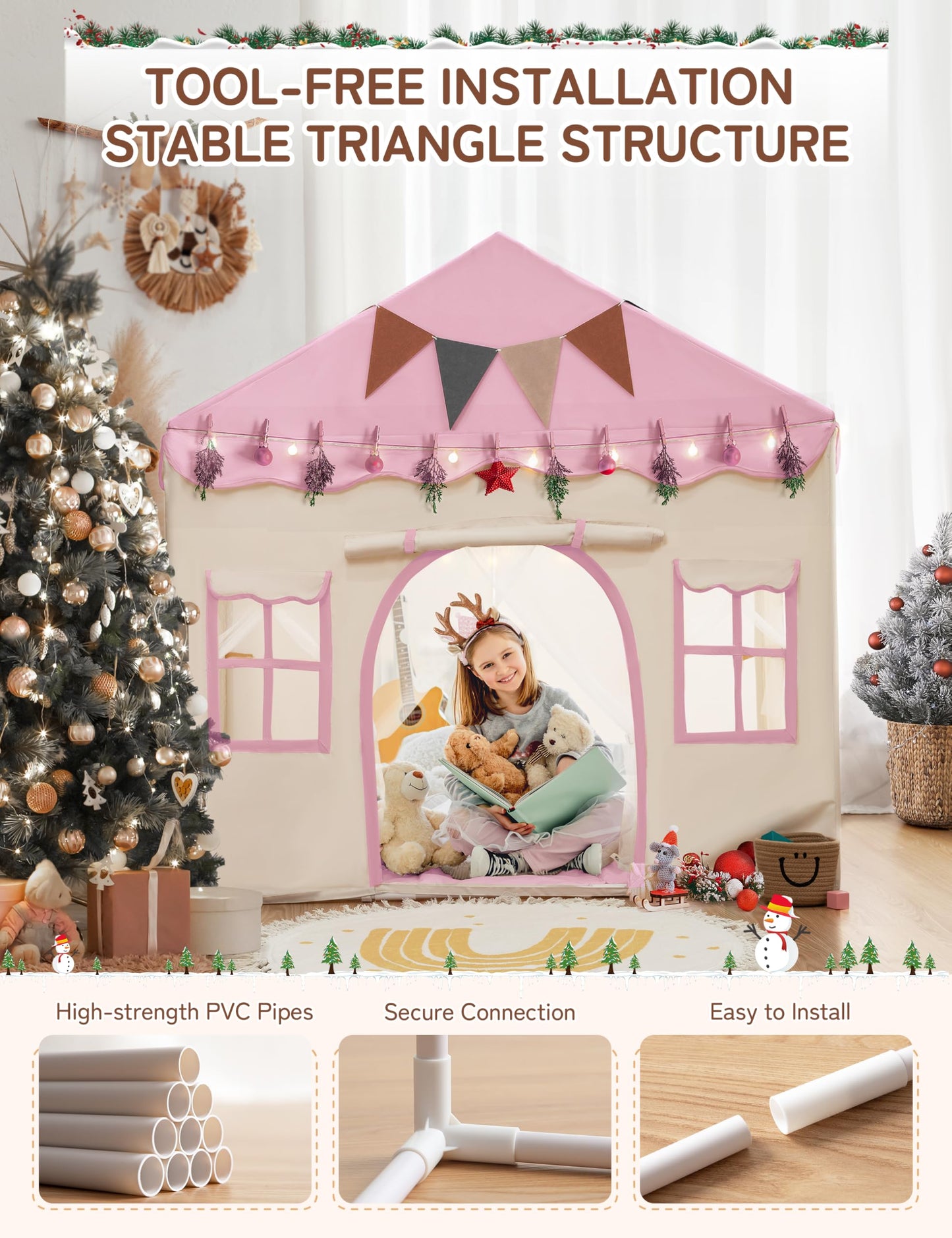 Besrey 2 IN 1 Kids Tent, Children's Playhouse Indoor with Mat and Lights, Kids Bed Tent, Play Tent for Indoors, Princess Tent, Children's Playhouse, Cozy Corner Kids Room Decor from 3 years pink