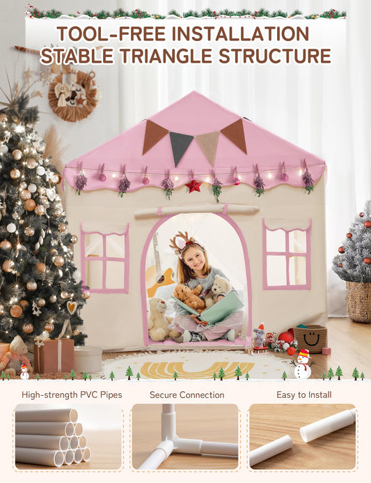 Besrey 2 IN 1 Kids Tent, Children's Playhouse Indoor with Mat and Lights, Kids Bed Tent, Play Tent for Indoors, Princess Tent, Children's Playhouse, Cozy Corner Kids Room Decor from 3 years pink