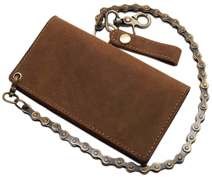 myleathershop Genuine buffalo leather vertical biker wallet with metal chain and skull motif, removable card holder with RFID & NFC protection in brown.