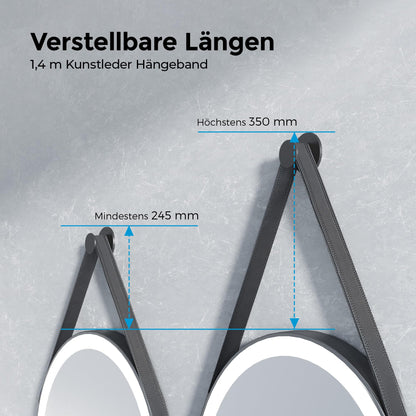 Illuminated bathroom mirror from Heilmetz, 50cm in diameter. LED light with 6500K cool white color, dimmable with touch switch. Round mirror with black frame and removable strap.