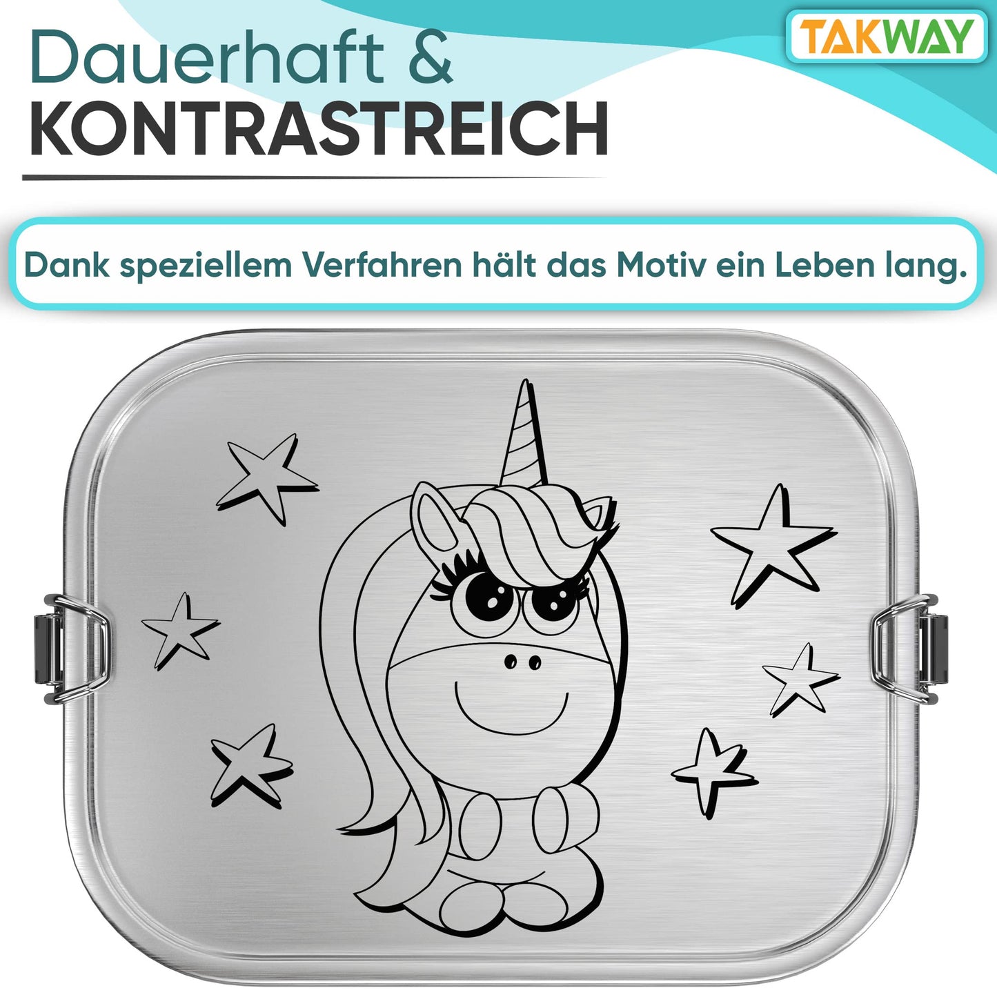 TAKWAY Stainless Steel Lunch Box for Kids with Compartments 800ml | Leakproof | Bento Box with Adjustable Dividers | Snack Box for Preschool Kindergarten School (Unicorn, 3 Compartments)