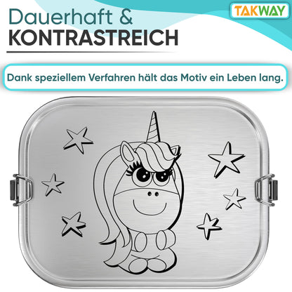 TAKWAY Stainless Steel Lunch Box for Kids with Compartments 800ml | Leakproof | Bento Box with Adjustable Dividers | Snack Box for Preschool Kindergarten School (Unicorn, 3 Compartments)