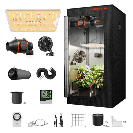 Spider Farmer SF1000D grow tent complete set LED grow light full spectrum Samsung LM301B LEDs grow tent kit complete 60x60x140cm hydroponics 1680D growing tent kit ventilation system