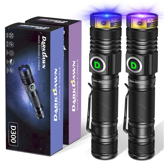 DARKDAWN UV flashlights 365nm and 395nm light USB rechargeable, ultraviolet LED blacklight woods lamp, mini detector for pet urine, stains, uranium glass, amber, resin curing, 2 pieces.