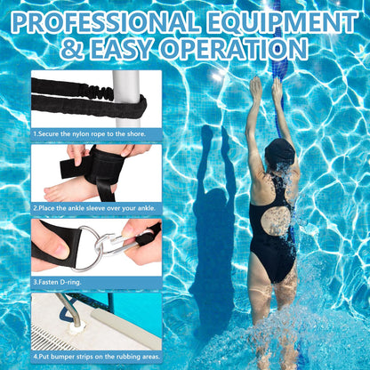 BOOSTEADY Swimming Belt for Pool with Ankle Straps for Swimming Anti-collision Strips Storage Mesh Bag, 3.6M Adjustable Swim Resistance Belt Kit Swim Aid Swim Trainer for Adults