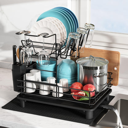 MAJALiS Dish Drying Rack, 2-tier stainless steel dish drying rack with drip tray and drying mat, dish rack with utensil holder, dish dryer for kitchen counter, black.