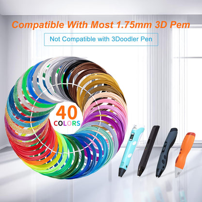 Kretrum 40 Colors 3D Pen Filament PLA 1.75mm 3D Printing Pen Filament Refills Compatible with MYNT3D SCRIB3D 3D Pen NOT Fit Filapen any color 3M Total 394 Feet