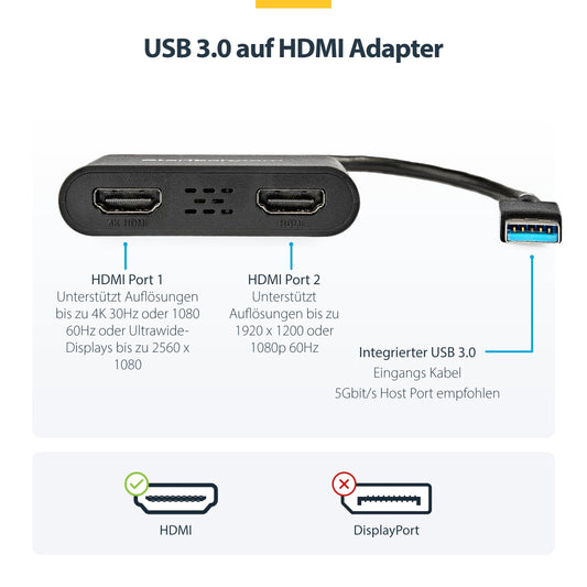 StarTech.com USB 3.0 to Dual HDMI Adapter, USB 2x HDMI Monitor Converter for Windows (macOS/ChromeOS/Linux not supported)