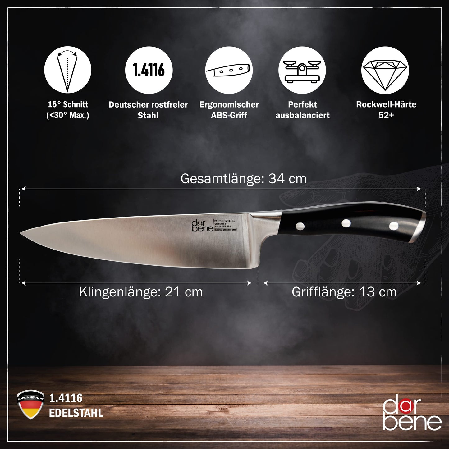 DarBene C-Series 3-piece professional kitchen knife set made of German stainless steel, includes 18cm fillet knife, 20cm chef's knife, and 18cm Santoku knife. Extremely sharp blades, ergonomic ABS handle, and can be sharpened.