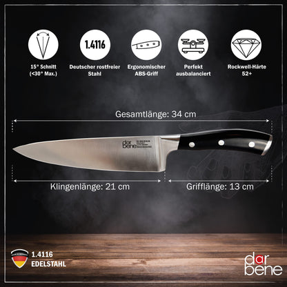 DarBene C-Series 3-piece professional kitchen knife set made of German stainless steel, includes 18cm fillet knife, 20cm chef's knife, and 18cm Santoku knife. Extremely sharp blades, ergonomic ABS handle, and can be sharpened.