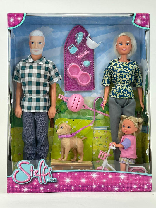 SIMBA 105733569026 Grandpas with Granddaughter, Set of 3, Doll, Bike Doll, Doll Clothing, Height: 30, 29, 12 cm, Dress-up play, Gift for Children ages 3+