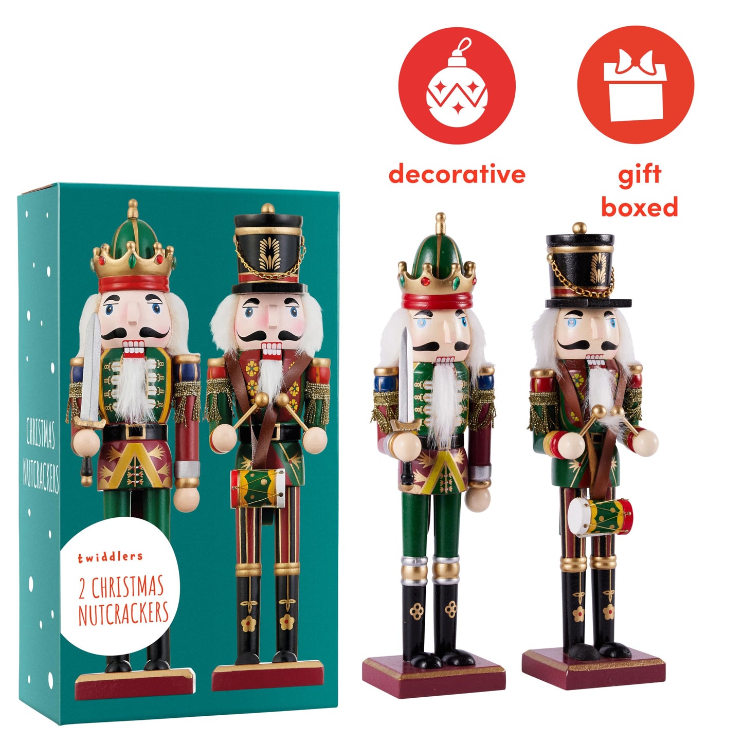 THE TWIDDLERS 2 Large Nutcracker Christmas Figures made of wood, 30cm - Traditional Christmas decor High-quality pine wood, indoor Christmas decorations, Classic ornaments & movable parts