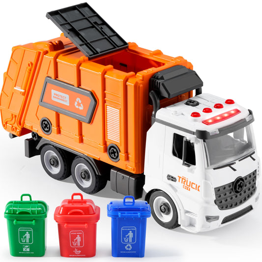 JOYIN Garbage Truck Toy for 3 4 5 6 Year Old Kids Boys and Girls, Trash Truck Toy, Garbage Truck Kids with Trash Bin, Light and Sounds, Screwdriver Toy, for DIY Assembly (orange)