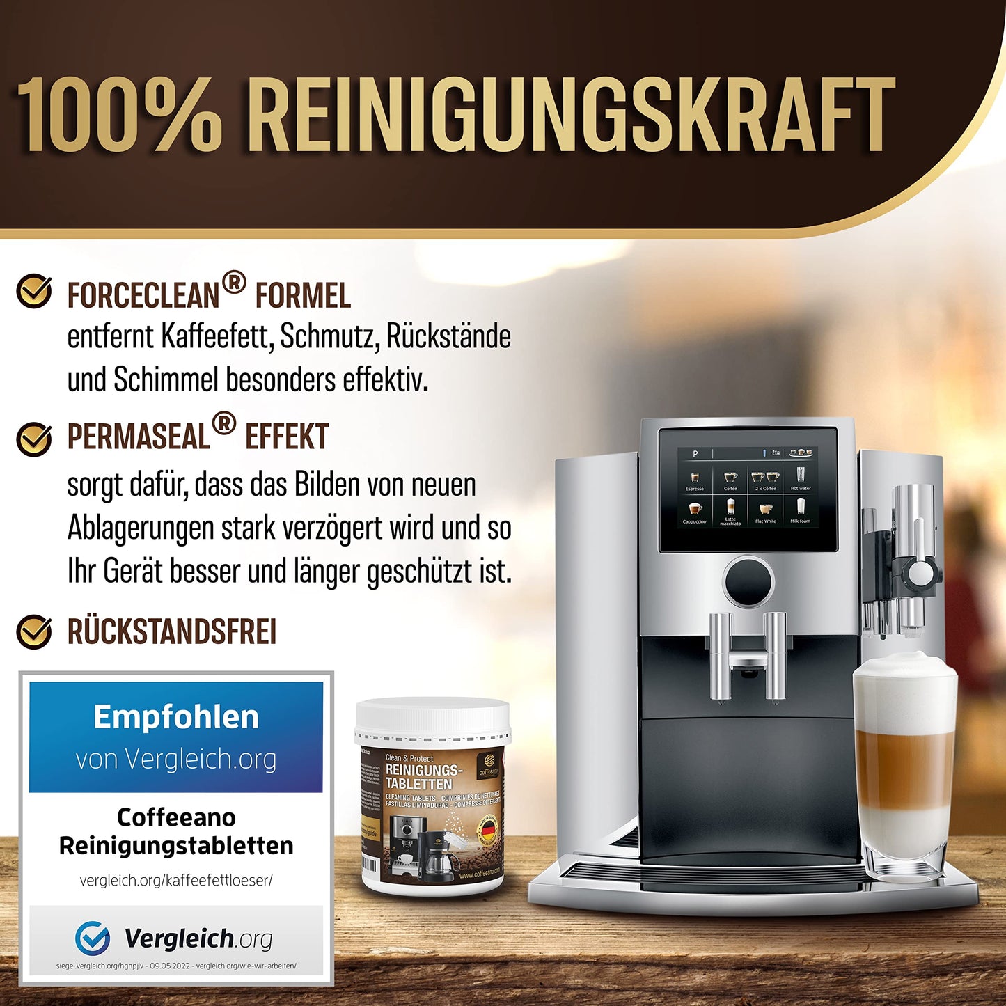 Coffeeano 150 cleaning tablets for fully automatic coffee machines and coffee makers. Cleaning tabs for Delonghi, Siemens, EQ Series, Jura, Krups, Bosch, Miele, Melitta, WMF, and more.