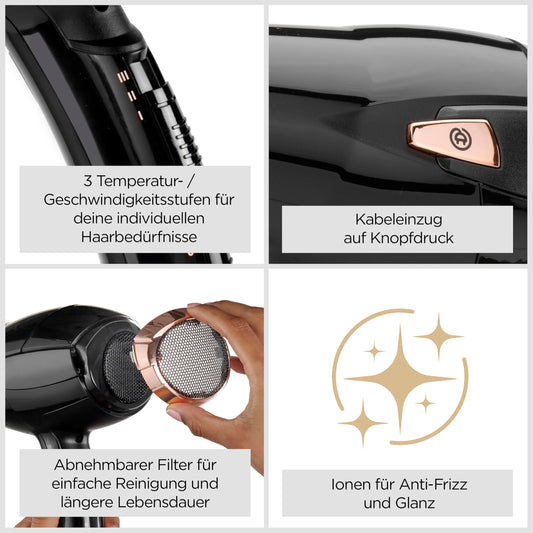 Babyliss Cordkeeper 2000 Ionic Hair Dryer D373E with unique cord retraction feature in the handle, 2000 watts, Black