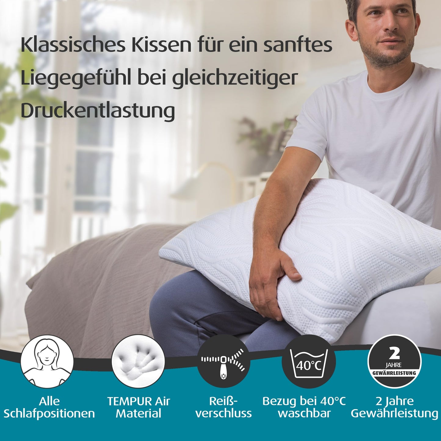 TEMPUR Comfort Air Soft sleeping pillow, breathable pillow for all sleeping positions, OEKO-TEX MADE IN GREEN, soft feel, 40 x 80 cm