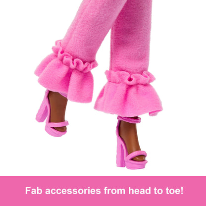 Barbie Deluxe Style Doll No. 4 with Barbiecore outfit, pink and brown braided pigtails, soft pink top with fuzzy collar and matching pants, plus accessories, HYV28.