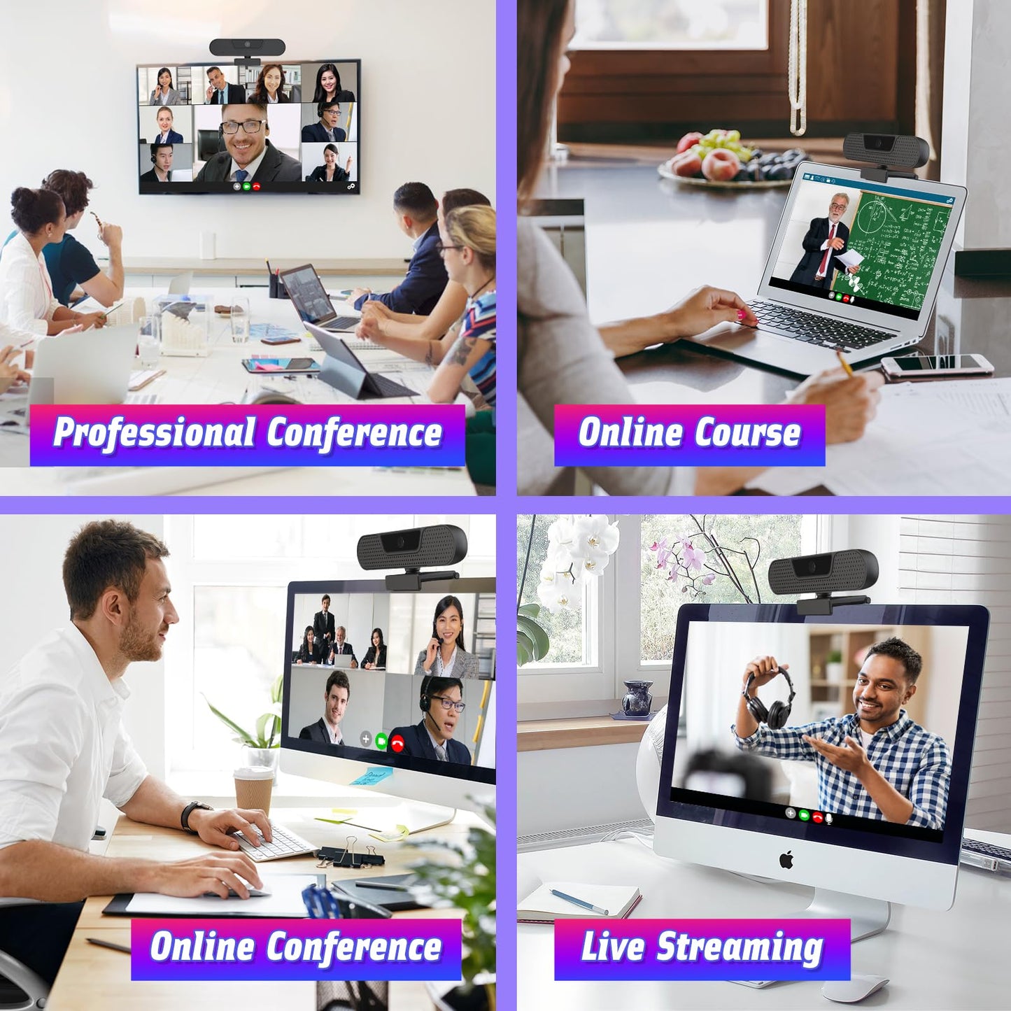 VIZOLINK W8GS Webcam 4K, PC camera with microphone, noise cancellation, autofocus, 85° field of view, privacy cover, plug&play, light correction, for Mac OS/Windows/Linux/Chrome/Switch 2, ideal for meetings and streaming.