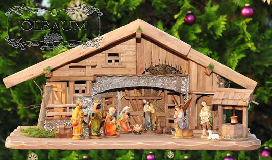 Large Christmas Nativity scene, with fountain + decorations, approx. 60 cm solid wood historically brown complete with fountain set - with 12 x PREMIUM Nativity figures + golden angel