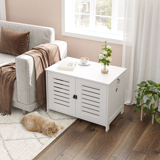 HOOBRO Cat Litter Box Cabinet, Wooden Cat Litter Box with Blinds Style Inside, Cute Cat Head Shaped Door Entry, 60 x 45 x 50 cm, White EWT60MW01
