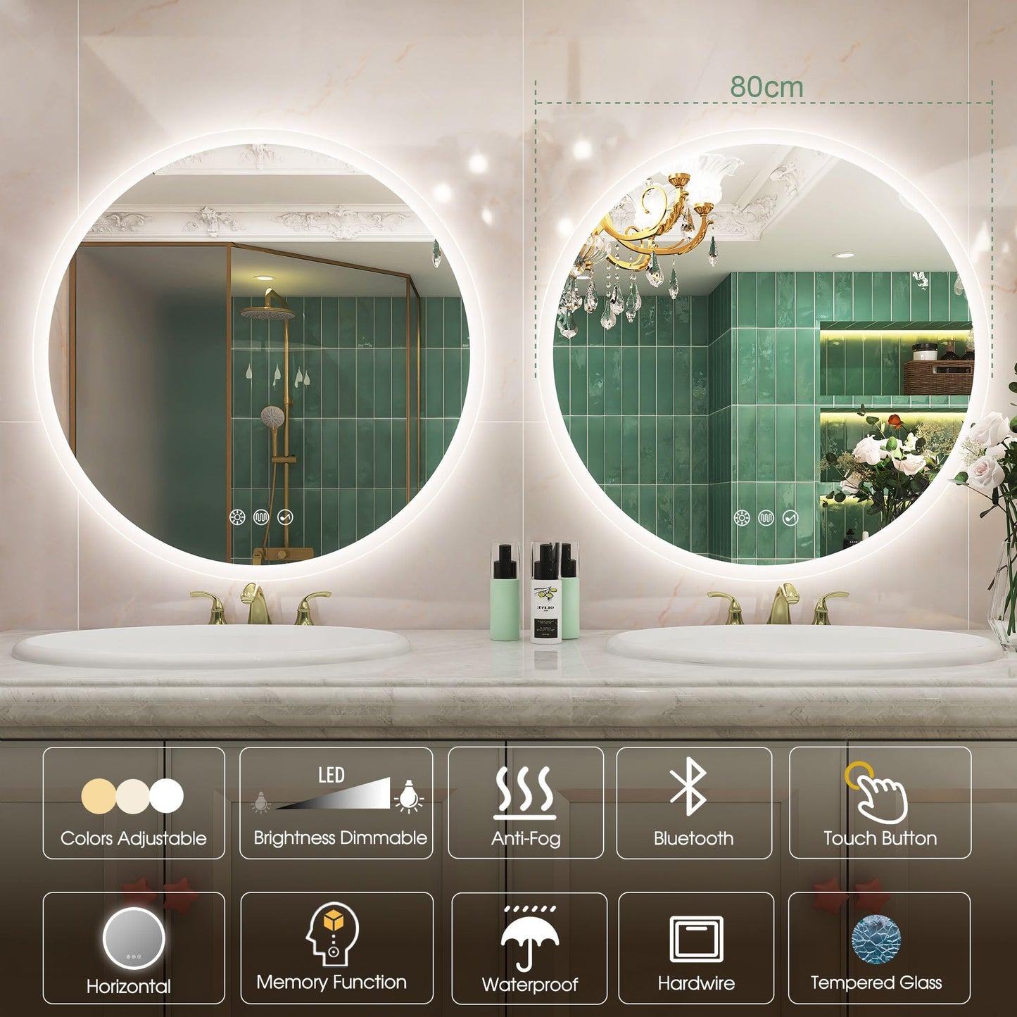 STARLEAD 80cm Round Bathroom Mirror with LED, Bluetooth, Dimmable, 3 Color Temperature, Defogger, Memory Function, HD Tempered Glass, IP44 Waterproof
