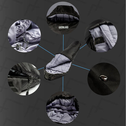 EXPLORER® GREENLAND sleeping bag -23°C -5°C [350GSM] 3-4 seasons winter mummy bag for adults [1900g] 230x82x55cm zip right black, perfect for outdoor, camping, trekking, and traveling.