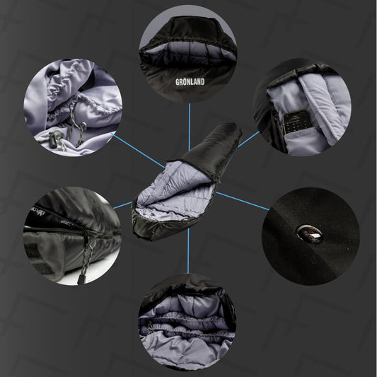EXPLORER® GREENLAND sleeping bag -23°C -5°C [350GSM] 3-4 seasons winter mummy bag for adults [1900g] 230x82x55cm zip right black, perfect for outdoor, camping, trekking, and traveling.