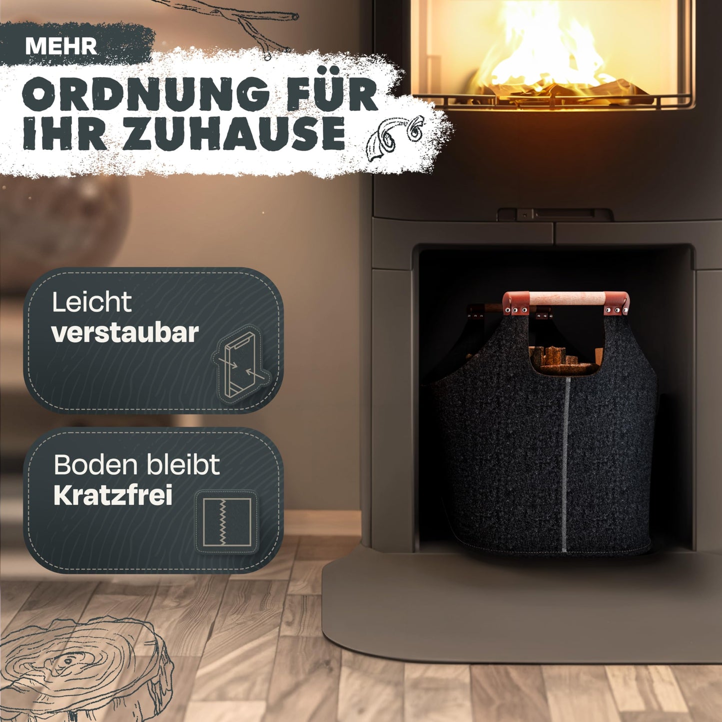 Xcelenze - XXL wooden basket for fireplace logs with wooden handle felt basket extra thick felt fireplace log basket felt bag foldable also as shopping basket car & storage basket for wood newspaper (dark gray)