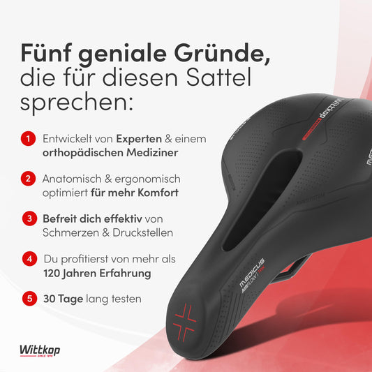 Büchel WITTKOP bicycle saddle with innovative 5-zone Medicus concept and orthopedic memory foam padding I comfortable bike saddle for women & men I MTB, trekking, city