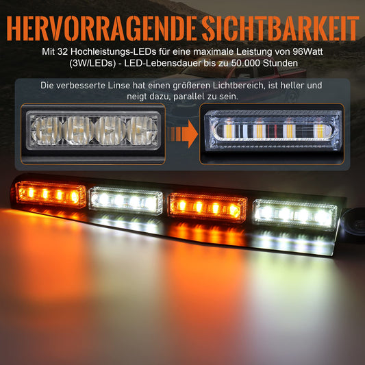 Dinfu 2 Pieces 48cm Flashing LED Warning Light Orange + White Beacon, 26 modes strobe safety warning lights with 32 LEDs for construction vehicles, truck, tractor roof top.