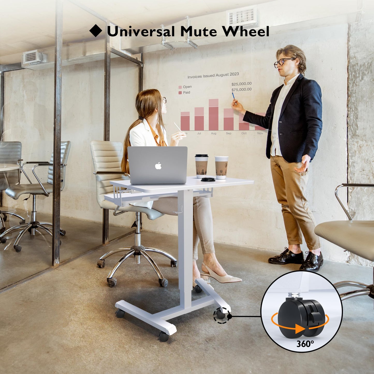 BONTEC Height Adjustable Desk with Keyboard Tray, Mobile Podium, Computer Workstation up to 15 kg, Laptop Sitting or Standing Desk on Wheels, Adjustable Standing Desk, White.