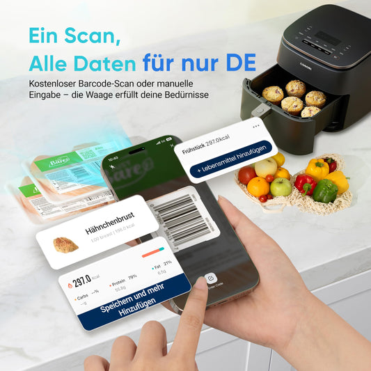 Cosori digital kitchen scale with nutritional calculation, nutrition scale app tracks 19 nutrients, calorie data analysis, 5kg stainless steel food scale, suitable for weight loss, database only for Germany.