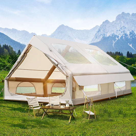 Afitdon Inflatable Camping Tent with Stove Jack & Roof Window, Inflatable Tent for 2-10 people with Air Pump, Inflatable Tent made of Waterproof Oxford Fabric for all seasons, Fast Setup Air Tents.