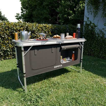 24MOVE® Camping Kitchen Praia, foldable and adjustable camping cupboard made of aluminum with worktop and storage compartments, suitable for outdoor camping, portable.