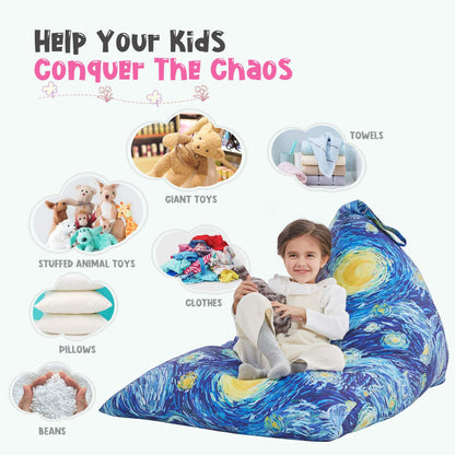 Nobildonna Bean Bag Chair Cover for Kids and Adults, extra large bean bag without filling, plush toy holder and organizer, premium canvas, 250 l (Starry Night)