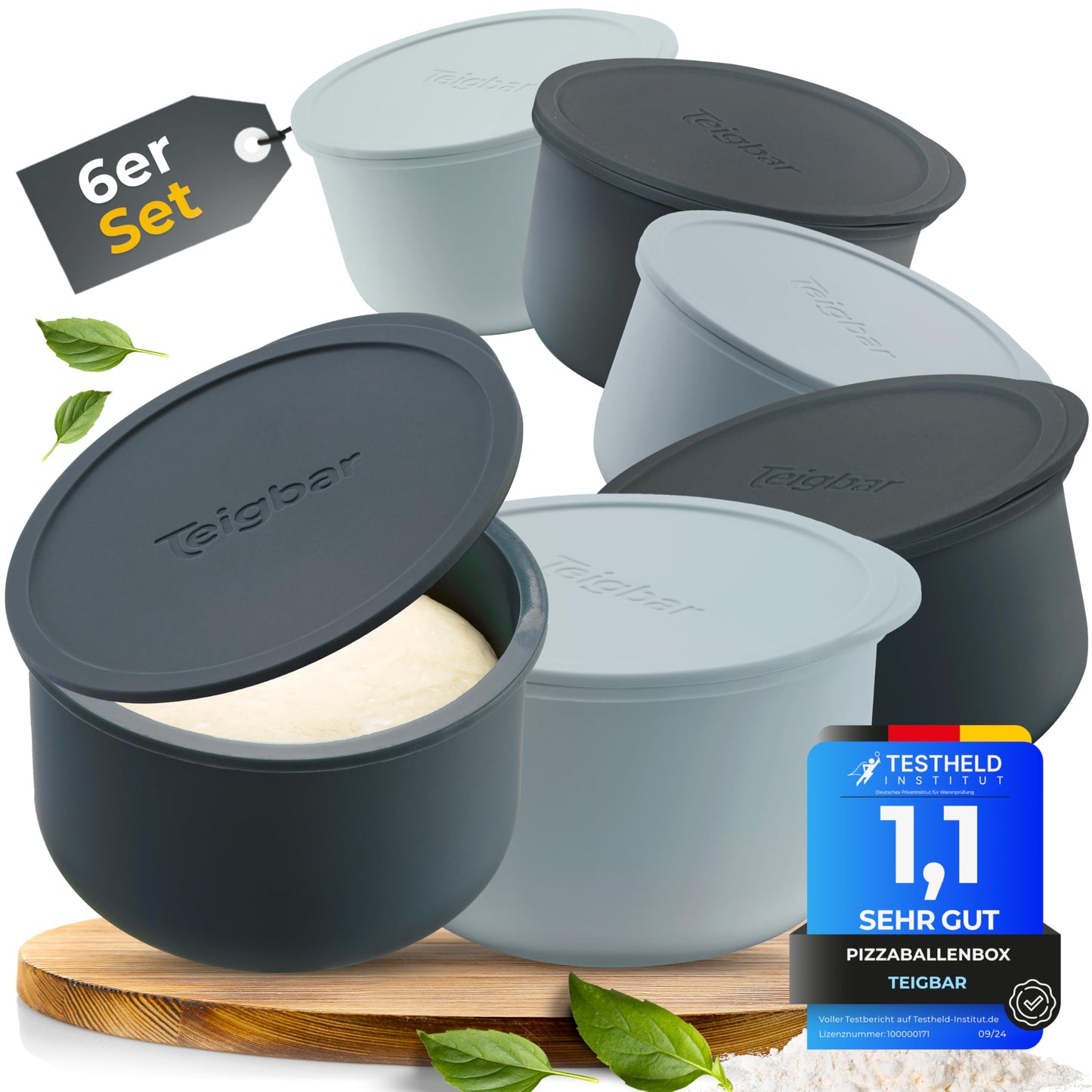 Malleable pizza dough ball box with lid, set of 6 - space-saving dough box made of easy-release silicone - up to 350g pizza dough box - proofing box, pizza accessory, pizza box - black/gray - Ø13cm