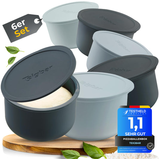 Malleable pizza dough ball box with lid, set of 6 - space-saving dough box made of easy-release silicone - up to 350g pizza dough box - proofing box, pizza accessory, pizza box - black/gray - Ø13cm