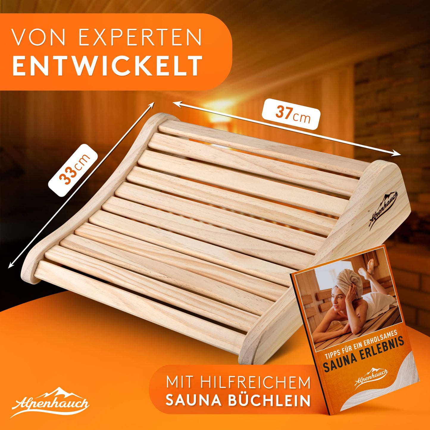 ALPENHAUCH Sauna Headrest Wood [100% natural wood] - Ergonomic wooden sauna headrest - Elegant sauna accessory for infrared cabin - Comfortable & wide wooden headrest for sauna & infrared cabin.