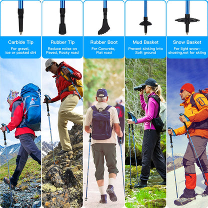 HUGSEE Hiking Poles - Nordic Walking Poles for Women and Men, Foldable Telescopic Hiking Poles 110-135cm, Lightweight Aluminum Trekking Poles, Clamp Closure with 4 Pairs of Rubber Tips 2 Pack (Blue)